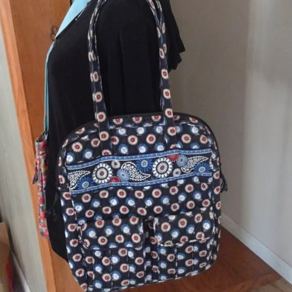 Vera Bradley Large Night Owl Blue Black Shoulder Bag laptop - Picture 9 of 9